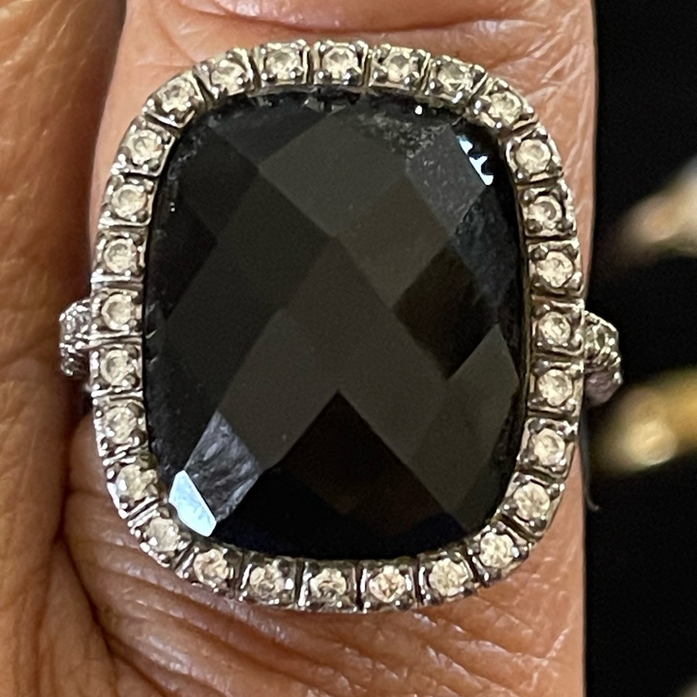 QVC Black Onyx Cushion-Cut CZ Halo Ring 925 Silver sz 9.5-10